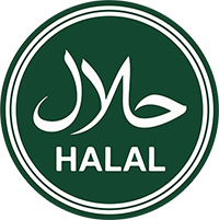 Grünes rundes Halal-Siegel mit weißer arabischer Schrift und dem Wort Halal
